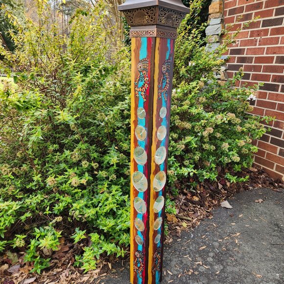 Garden Peace Pole Hand Painted w/ Solar Light Cap & Wire Stand Lighted Southwest - Picture 1 of 4
